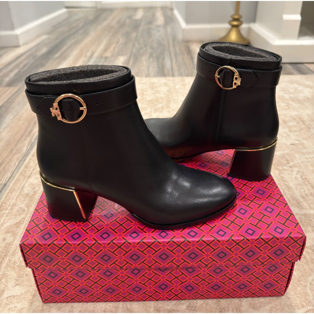 NWT Tory Burch Sofia 60mm Leather Dress Ankle Bootie Gold Block Heel 7